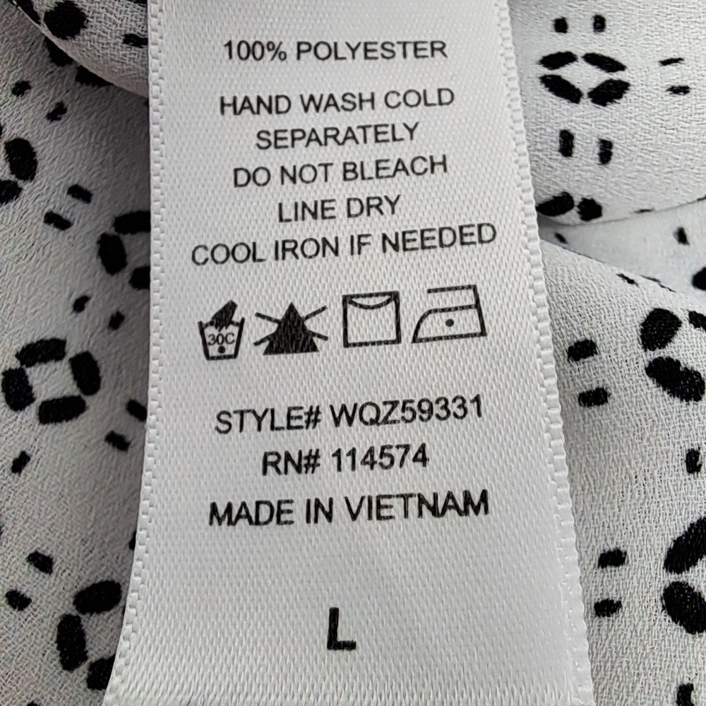 Pleione Split Neck Blouse L White Black Geometric Henley Long Sleeve WQZ59331 - Picture 4 of 6